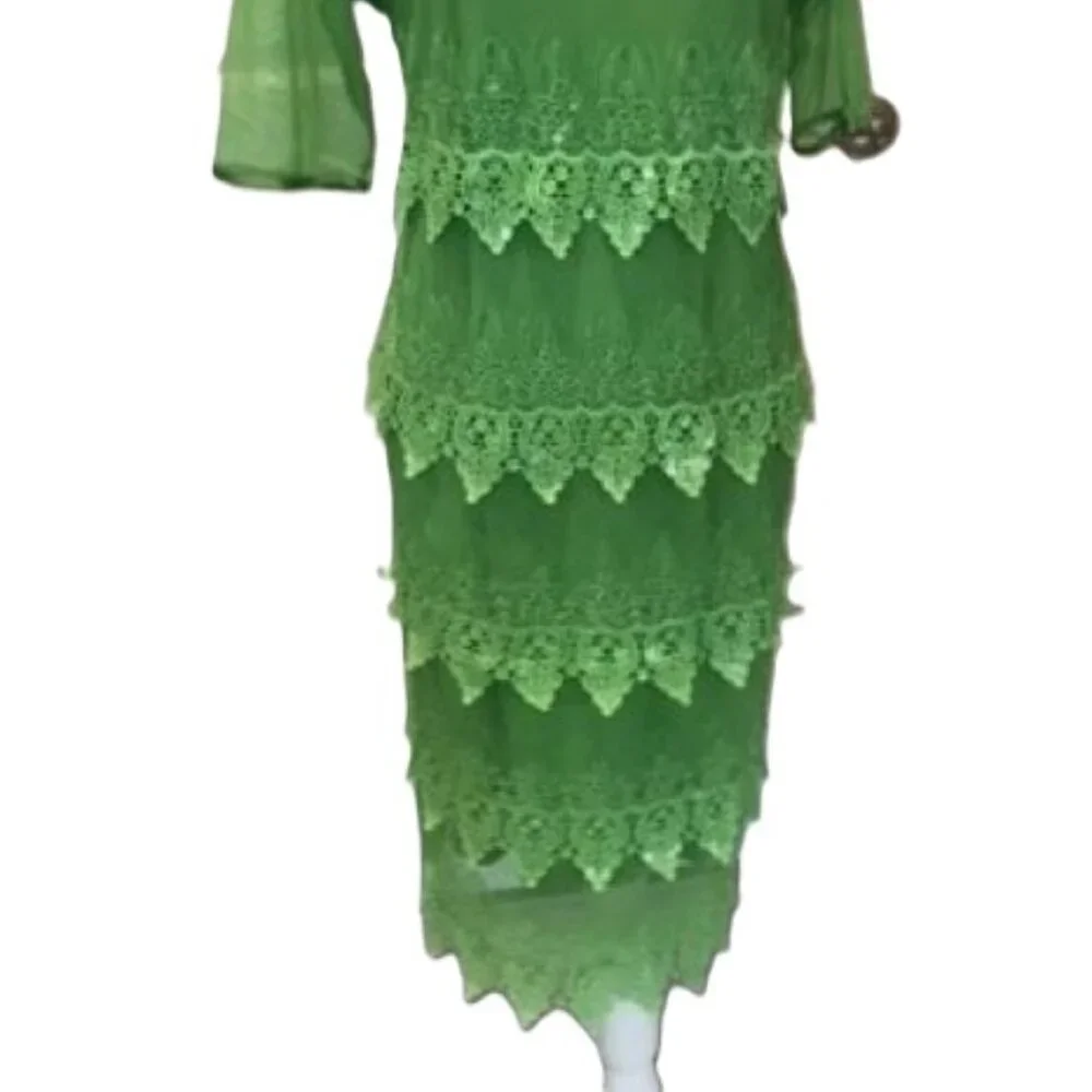 Badgley Mischka Green Sheer Lace Tiered Sequins Cocktail Dress LARGE NWT $145 - Picture 5 of 16